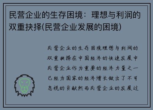 民营企业的生存困境:理想与利润的双重抉择(民营企业发展的困境)