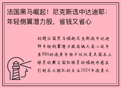 法国黑马崛起！尼克斯选中达迪耶：年轻侧翼潜力股，省钱又省心