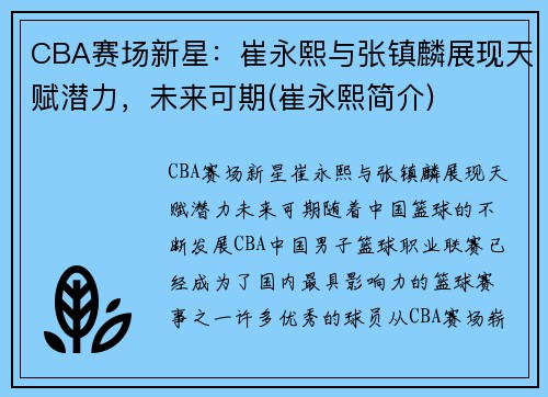 CBA赛场新星：崔永熙与张镇麟展现天赋潜力，未来可期(崔永熙简介)